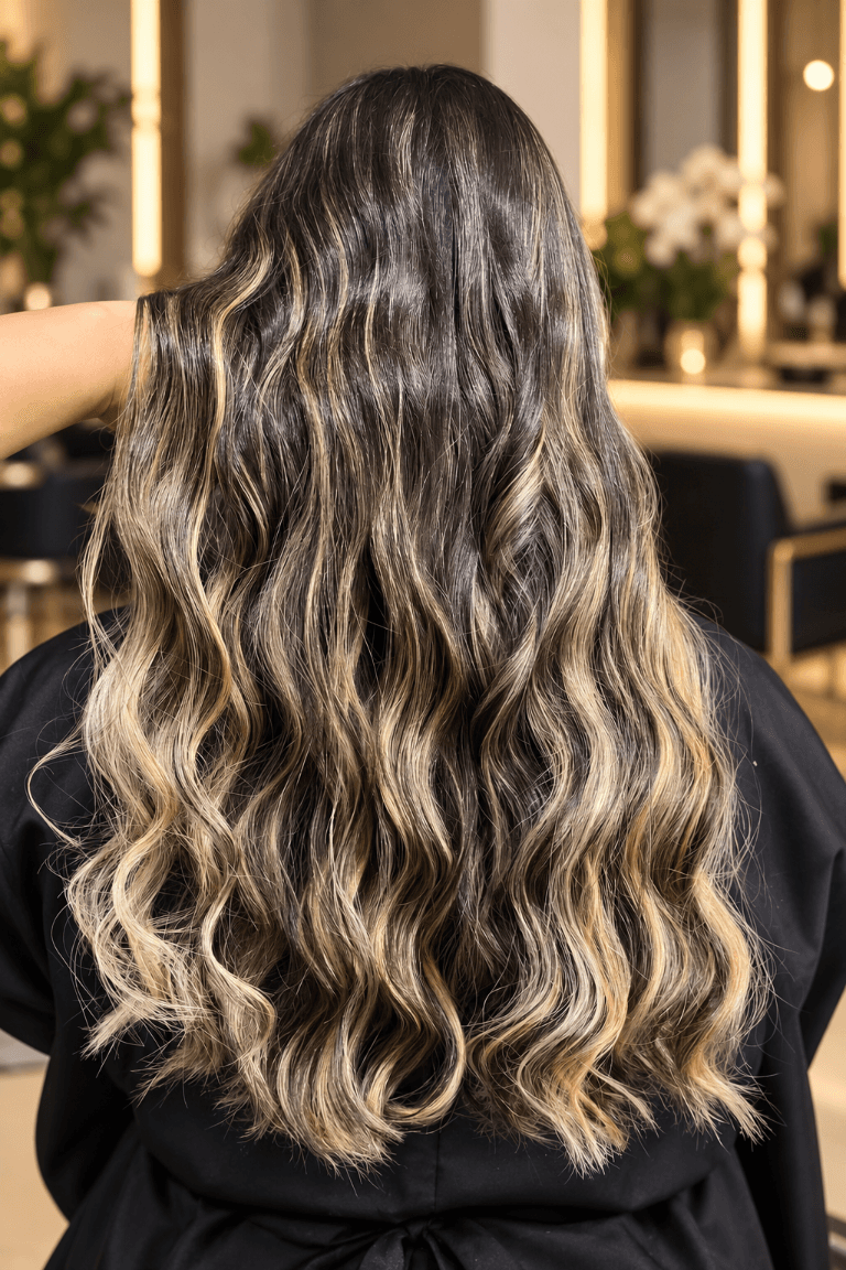 Cabelos longos com ondas e mechas iluminadas